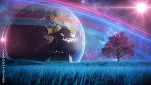 Planet Earth from an Alien Field of Blue Grass - Fantasy Loop Landscape Background