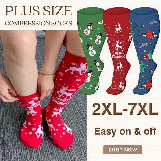 🎄 Christmas Special Design! Plus-Size Compression Socks – Comfort & Style! ❄️ This holiday season, treat yourself (or someone you love!) to the perfect gift—our plus-size compression socks! Designed for all-day comfort, they provide graduated support, reduce leg fatigue, and add a festive touch to any outfit. ✅ Super stretchy – fits snug but never tight ✅ Breathable fabric – stay comfy all day ✅ Fun holiday prints – jolly & stylish 👉 Shop now & step into comfort this Christmas! | Plusock