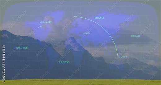 Global map projection moving across mountain, showing grid, coords, trajectory arc, flat design
