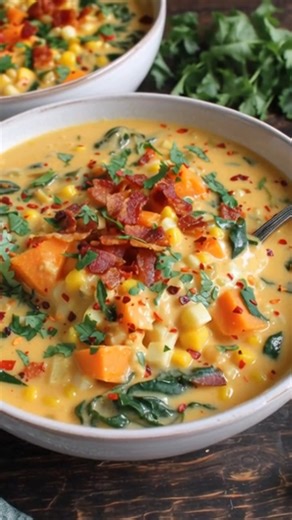 Sweet Potato and Corn Chowder Recipe Ingredients: - 3 to 5 slices of bacon, chopped - 1 onion, chopped - 1 red bell pepper, chopped - 2 large sweet potatoes, peeled and cubed - 1 teaspoon kosher salt - 8 grinds fresh black pepper - 1 teaspoon paprika - 2 cups kale, chopped - 3 cloves garlic, minced - 2 tablespoons flour - 1 1/2 cups corn, fresh cut off the cob or frozen - 4 cups chicken stock - 2 cups half & half - 1/4 cup fresh cilantro, chopped Directions: https://recipesdina.com/creamy-sweet-