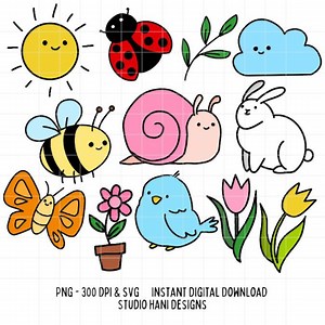 Kawaii Spring Doodles SVG PNG Eps Dxf Cute Bee Snail Bunny Tulip Lady Bug Digital Download Commercial Use Sun Flower Leaves Digital - Etsy