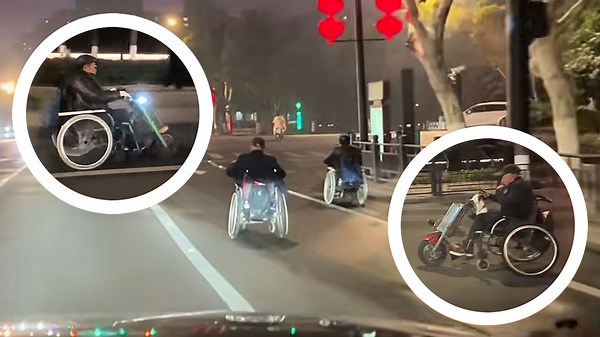 Elderly men race electric wheelchairs on road in China