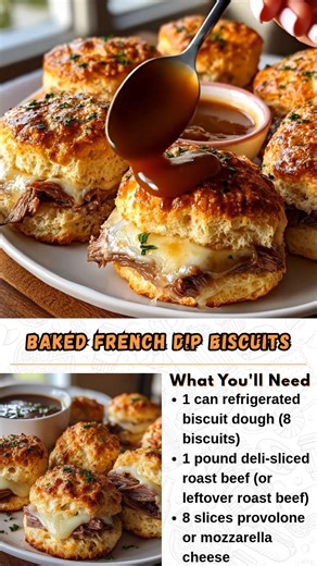 Baked French Dip Biscuits These are the game-changing biscuits that turn the classic French dip into handheld perfection – flaky buttermilk biscuits stuffed with savory roast beef and melted cheese, ready for dunking in rich au jus. It's comfort food that's fancy enough for company but easy enough for weeknight dinner. What You'll Need 1 can refrigerated biscuit dough (8 biscuits) 1 pound deli-sliced roast beef (or leftover roast beef) .............. Full Recipe in Coʍmеոτ 💬 | Fascinating Recip