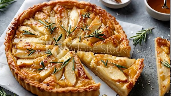 Sliced apple tart with honey drizzle and rosemary on rustic table setting