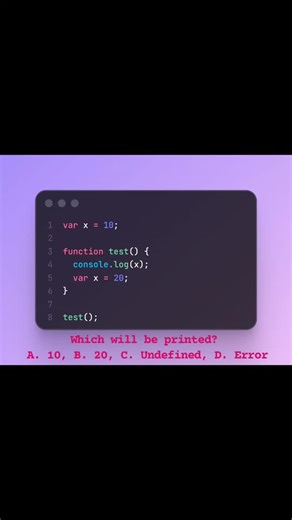 Ranjit Bhandary on Instagram: "The output is undefined because of hoisting and function scope. Inside the function, var x is hoisted to the top, but its value is assigned later. This creates a local x that shadows the global one. When console.log(x) runs, the local x exists but has no value yet, so JavaScript prints undefined. #codingreels #javascripttricks #jsgotchas#js#programmerlife #developers #learncoding #devcommunity #techreels #instareels"