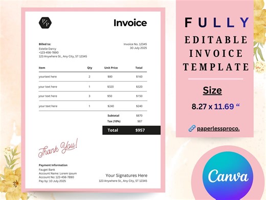 Editable Invoice Template Canva, Minimalist Small Business Billing Form, Professional Invoice Form, Printable PDF, Instant Download - Etsy