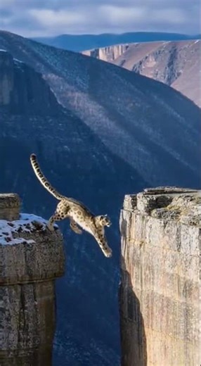 The Ultimate Leap: Snow Leopard Jumps Across a Massive Cliff! 🏔️🐆🚀 #wildlife #animals #facts #natur