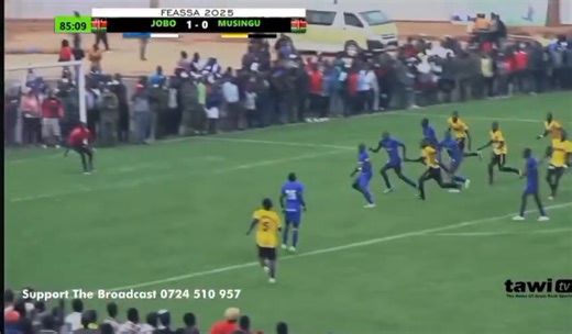 Feasssa 2025-Kakamega In one of the most thrilling moments of the FEASSSA Games, Musingu High School snatched a dramatic stoppage-time equaliser against St. Joseph’s Kitale in the boys soccer semi final, sending the crowd at Bukhungu Stadium into a frenzy. The goal, scored by Marvin Ashiundu, came in the dying seconds of the game, sparking wild celebrations as fans stormed the pitch in sheer joy and disbelief. The electric atmosphere quickly escalated beyond control, prompting match officials to