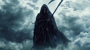 Download A grim reaper standing in the clouds with a scythe for free