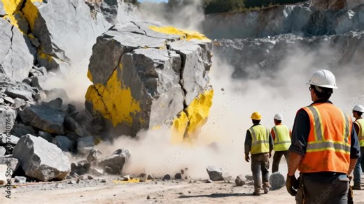 Controlled blasting sequence captured midexplosion as workers ensure safe removal of giant rock obstruction in open quarry