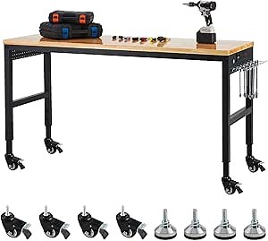 Workbench Adjustable 75' x 25', 2000 Lbs Load Capacity, 29.5"-38.4" Heights Garage Worktable with Universal Wheels & Power Outlet, Heavy-Duty Table for Workshop Office Home Commercial