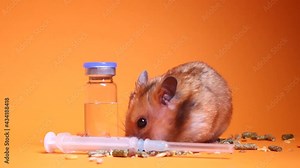 hand in medical glove takes hamster mouse near medical syringe with needle and bottle-phial isolated on orange background. medical experiments, tests on mice. veterinary. vaccine development.