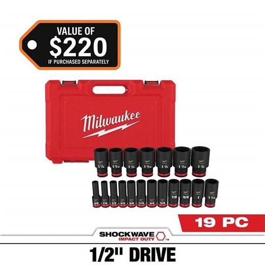 Milwaukee SHOCKWAVE 1/2 in. Drive SAE 6 Point Impact Socket Set (19-Piece) 49-66-7012