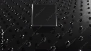 Seamless looping 3d animation of dark metallic spheres reflecting in a chrome cube