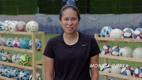 Beach volleyball players try to keep up with soccer players