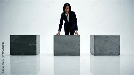 Businessperson pushing multiplying block. A businessperson pushes a heavy rectangular block across a smooth studio floor; as it rolls forward, it subtly splits into multiple identical blocks.