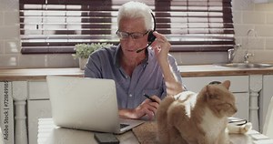 Laptop, home and old man on video call, business discussion or virtual consultation in apartment kitchen. Online meeting, pet cat or person networking on headset, webinar or conference communication