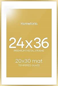 Homeforia 24x36 Gold Picture Frame, High End Metal 24 x 36 Large Poster Frames with Mat 20 by 30 inch Photo, 24x36 Gold Frame Matted to 20x30 for Print, 36x24 Frame, Tempered Glass, Wall Kit, Set of 1