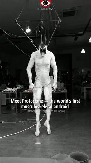 TechnologyARMY on Instagram: "This is Protoclone, the world’s first bipedal, musculoskeletal android — a faceless, anatomically accurate synthetic human created by Clone Robotics. 🧠⚙️ With over 200 degrees of freedom, more than 1,000 Myofibers, and 500 sensors, Protoclone doesn’t just look human — it moves like one. Each motion is powered by artificial muscles that mimic real human tissue, making it one of the most realistic robotic systems ever built. The line between biology and robotics is f