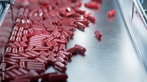 Red Capsules are Moving on Conveyor at Modern Pharmaceutical Factory. Tablet and Capsule Manufacturing Process. Close-up Shot of Medicinal Drug Production Line.