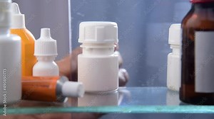 hand picking bottles of medicine in cabinet at night