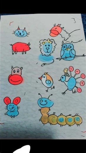 "Fingerprint Magic: Creating Cartoon Animals with My Hands!"😁🐈🐦🐟
