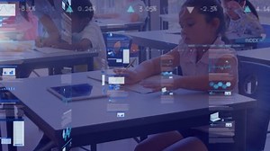 Animation of graphs and computer languages over diverse teacher assisting students in classroom. Digital composite, multiple exposure, database, coding, report, childhood, education and learning.