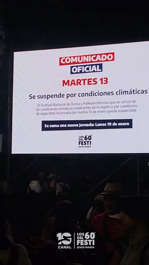 Canal 10 Córdoba on Instagram: "🤨Asi se vive la suspension de la sexta noche de Jesús María 2026 ❌ Se suspende el día 6 del Festival de Jesús María Debido a las condiciones climáticas adversas, la organización del festival comunicó mediante una conferencia de prensa la suspensión de la jornada del día martes. ☝️Se reprograma la jornada para el día lunes 19 exclusivamente con espectáculos artísticos, sin actividad de campo. Está prevista la participación de Sergio Galleguillo, LBC y Euge Quevedo