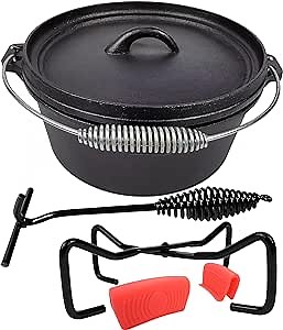 Pre-Seasoned Cast Iron Camp Dutch Oven, 4.1 qt, including Lid Lifter, Lid Stand and Silicone Handle Holders