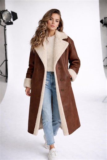 Women’s Brown Genuine Leather Shearling Coat | Long Winter Coat | Warm Teddy Lined Luxury Jacket - Etsy Canada