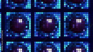 Animation of pixel image in retro style. Motion. Bright animation with image of lot of balls in cells in pixel form. Pixel or mosaic animation image for retro game