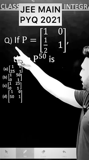 Shivang Gupta on Instagram: "JEE MAINS 2021 ( 25 July – SHIFT 2 ) Q) If P=[(1 0 1/2 1)], then P^50 is : jee advanced Matrix and Determinants question jee advanced maths solution jee advanced 2025 paper solution jee advanced maths channel jee advanced mathematics questions jee advanced mathematics questions jee advanced 2025 paper solution jee advanced maths paper solving complete maths for jee advanced jee advanced maths paper analysis jee advanced maths paper discussion jee advanced 2022 math s