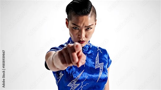 Upset Asian Woman Pointing Finger at Camera, Warning and Accusation Concept, Isolated on White