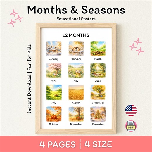 Months and Seasons Printable Poster for Kids, Preschool Educational Wall Art, English Learning Chart, Homeschool Decor PDF - Etsy