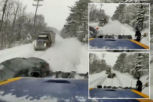 Speeding driver crashes into plow while trying to pass a semi on snowy NY road, wild video shows