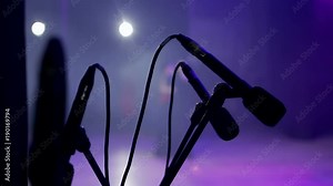 Racks with microphones stand behind the scenes and through them you can see a dancing couple on stage during a concert