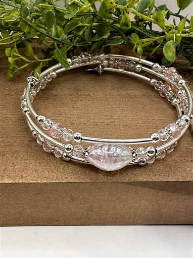 Pink Beaded Memory Wire Cuff Bracelet, Silver Boho Wrap - Etsy
