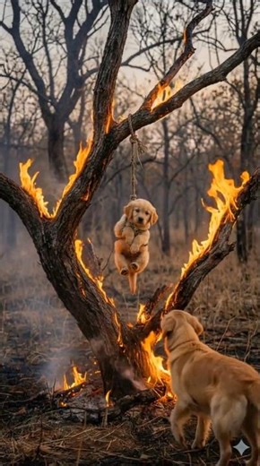 Puppy Stuck in Burning Tree! Dad Dog Gets Help! 🚜🚒 😱🔥 #goldenretriever #puppy #dogrescue #tractor