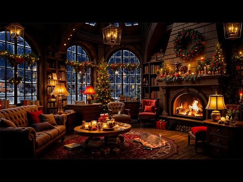 Cozy Winter Bookstore Cafe Ambience with Relaxing Piano Jazz Music & Fireplace Sounds to Relax,Study