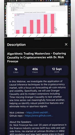 Quant Insider on Instagram: "In this Webinar, we investigate the application of causal inference techniques to the cryptocurrency market, with a focus on forecasting alt-coin returns and volatility. Specifically, we will use Granger Causality and its modern extensions including Time-Varying Granger Causality to test whether one time series can meaningfully forecast another, helping us identify robust predictive features and eliminate noisy or spurious signals. About the Speakers Dr. Nick Firoozy