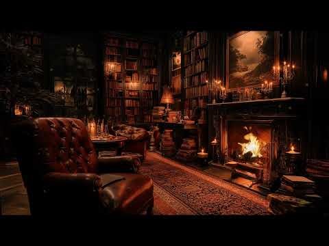 Warm Cozy Library Night with Gentle Fireplace Sounds for Relaxation and Calm Reading