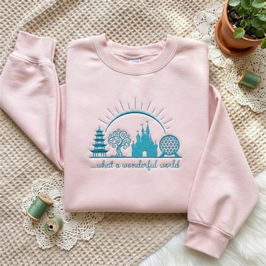Disney Park Embroidered Design, What a Wonderful World Design, Epcot Castle Tree Silhouette Crewneck, Disney World Travel Design - Etsy