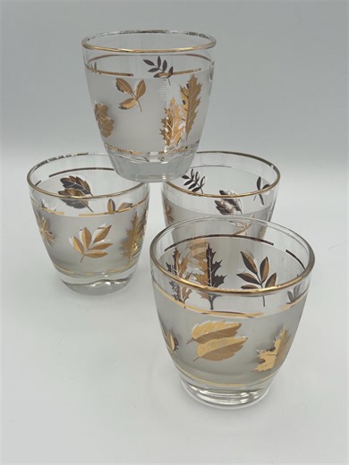 Vintage Gold Leaf Rocks Glasses Set of 4 | Mid Century Frosted Cocktail Glasses | Autumn Leaf Glassware | Gold Rim Barwar - Etsy