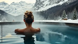 A woman enjoys a hot bath in a pool at a spa retreat with steam around her, against a backdrop of snowy mountains in winter. Video Stock Video