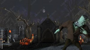 Seamless animation of Frankenstein monster dancing salsa in a graveyard. Funny Halloween 4K background.