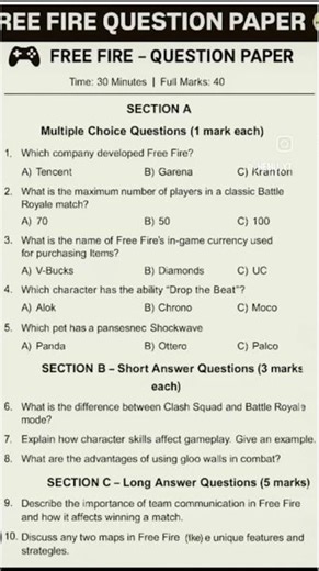 Free fire sample question paper for board exam 💥🔥
