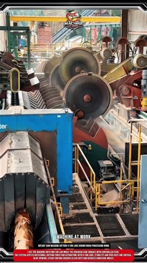 Rotary Saw Machine Cutting 3 Ton Logs During Wood Processing Work