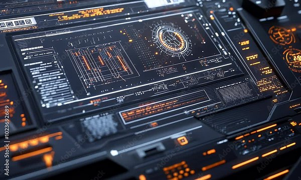 Futuristic control panel with glowing interface and data displays.