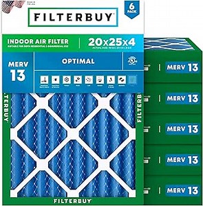 Filterbuy 20x25x4 Air Filter MERV 13 Optimal Smoke & Allergy Defense (6-Pack), Electrostatic Pleated HVAC AC Furnace Filters Replacement, Made in USA (Actual Size: 19.50 x 24.50 x 3.63)