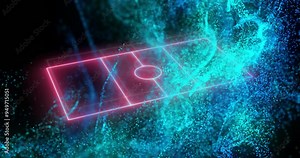 Digital soccer field animation over abstract blue and green particles
